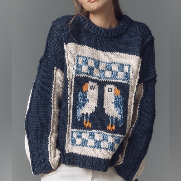 Anthropologie Sweaters - Anthropologie Pilcro Chunky Crew-Neck Sweater in Navy Blue / White